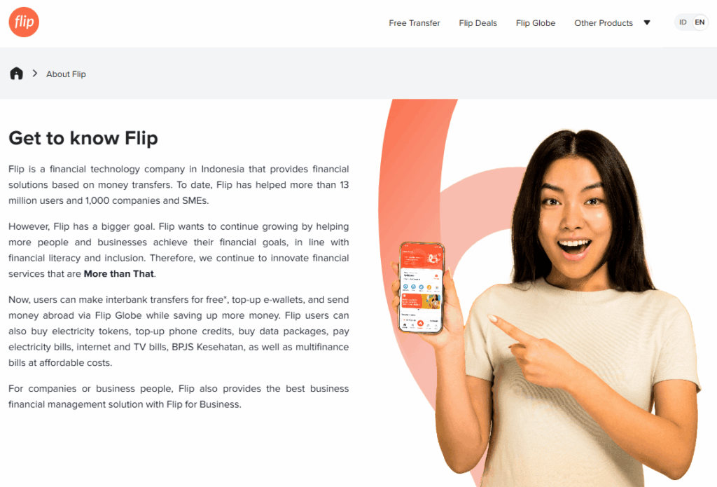 Tampilan halaman "Tentang Flip". Flip adalah salah satu fintech di Indonesia yang diinisiasi oleh salah satu technopreneur.