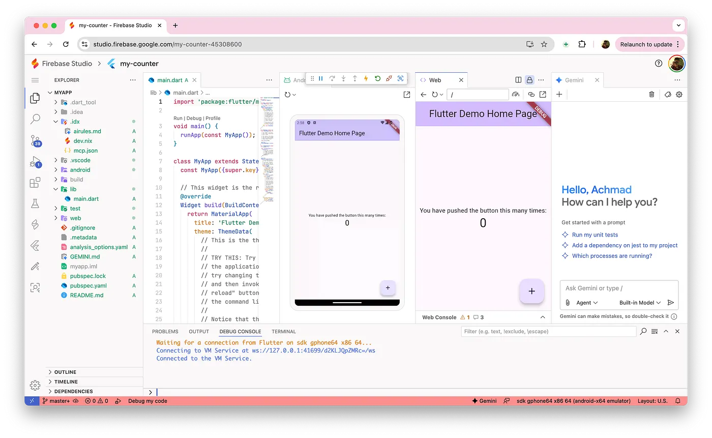 IDE untuk project Flutter di Firebase Studio seperti VS Code.