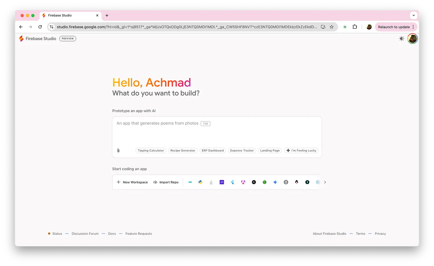 Dashboard Firebase Studio