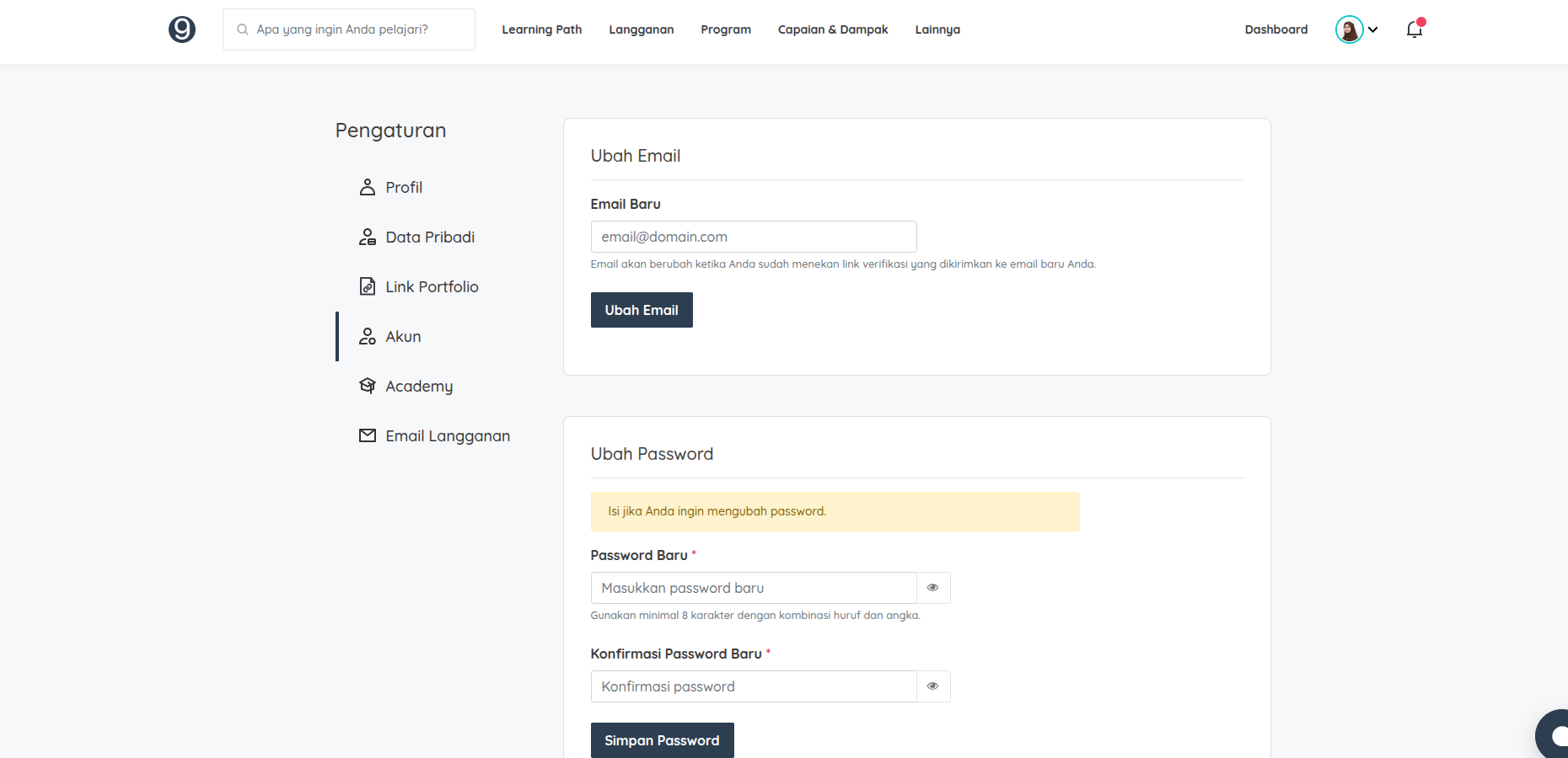 Halaman Pengaturan Akun